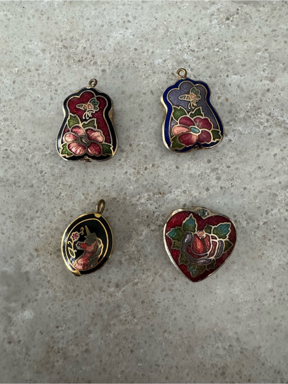 Enamel Floral Cloisonné  Vintage Charm Pendant Set in Red, Blue, Black and Pink